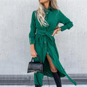 Chic Women's Tie Belt Shirt Dress with Side Slit