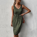 Women's Midi Dress with High Collar and Adjustable Belt