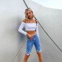 Chic Women's Frayed Hem Denim Bermuda Shorts