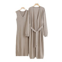Chic Women's V-Neck Dress and Cardigan Set