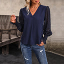 Women’s V-Neck Blouse with Sheer Puff Sleeves