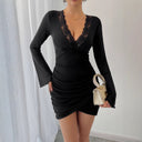 Chic Women's Lace V-Neck Dress with Gathered Design