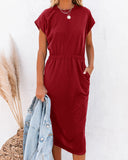 Chic Midi Dress with Elastic Waist and Pockets