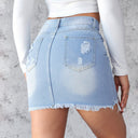 Chic Women's Frayed Hem Denim Mini Skirt with Ripped Accents