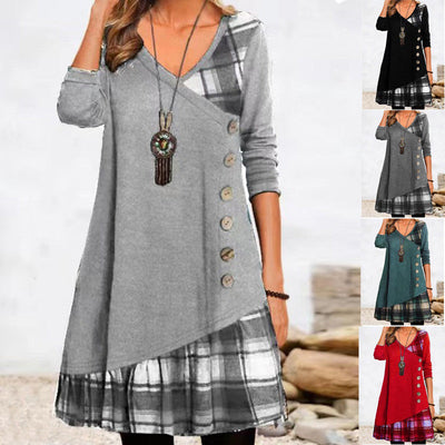 Asymmetrical Women's Dress with Checked Hem & Button Detail