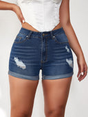 High-Waisted Denim Shorts with Distressed Style