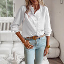 Elegant Long Sleeve Blouse with Ruffle and Stripe Design
