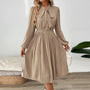 Chic Pleated Dress with Neck Tie & Long Sleeves