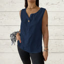 Ladies Linen Sleeveless Blouse with Button Accents