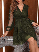Chic Short Dress with Sequin Accents and Sheer Sleeves