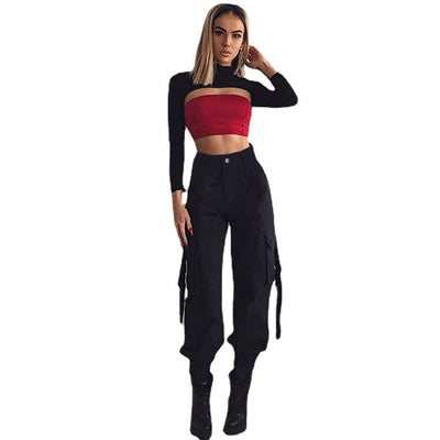 Women's Elastic Waist Cargo Pants with Side Pockets