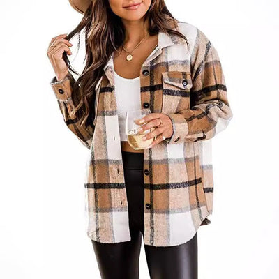 Chic Women's Long-Sleeve Checkered Blouse with Pocket Design