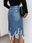 Trendy Women's Frayed Hem Denim Skirt