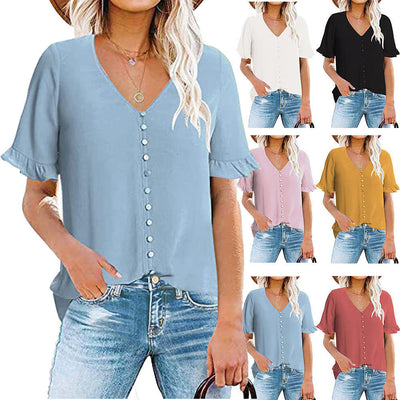 Chic Women's V-Neck Blouse with Ruffle Accents