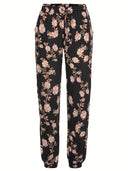 Floral Women's Leisure Pants with Elastic Waist and Pocket Details