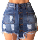 Stylish Women's Denim Mini Skirt with Button Placket & Distressed Accents