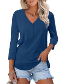 Women's Button Placket V-Neck Long Sleeve Top