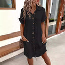 Chic Short Sleeve Shirt Dress with Button Placket and Handy Pockets