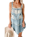 Chic Denim Pinafore Dress with Lace Trim and Frayed Hem