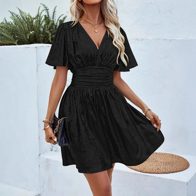 Shimmering V-Neck Mini Dress with Voluminous Sleeves