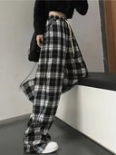Checked Women's Leisure Pants with Adjustable Waist