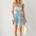 Chic Denim Pinafore Dress with Lace Trim and Frayed Hem