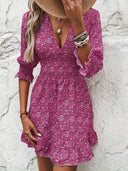 Floral V-Neck Dress with Puff Sleeves