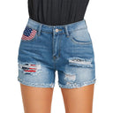 Women's Trendy Distressed Denim Shorts with Flag Motif