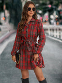 Checkered Long Sleeve Shirt Dress with Tie Belt