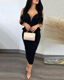 Chic Women's Midi Dress with Deep V-Neck and Peplum Hem