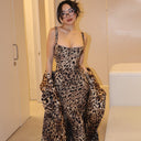 Leopard Print Fitted Midi Dress with Slim Straps
