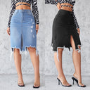 High-Slit Women's Denim Skirt with Fringed Hem