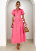 Chic Knee-Length Shirt Dress with Puff Sleeves