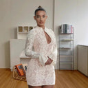 Chic Women's Lace Mini Dress with Deep V-Neck & Sheer Elements
