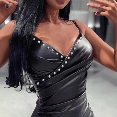 Women's Ruching Faux Leather Dress with Decorative Accents