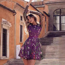 Floral Print Dress with Sheer Sleeves and Waist Belt