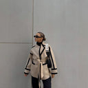 Chic Women's Blazer Jacket with Waist Belt & Contrast Stitching