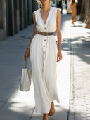Chic Women's Maxi Dress with Deep V-Neck & Buttons