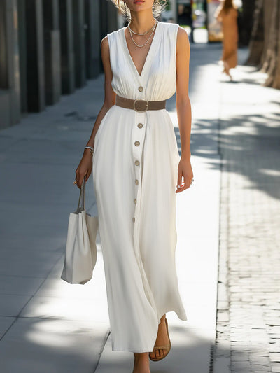 Chic Women's Maxi Dress with Deep V-Neck & Buttons