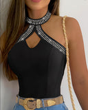 Chic Rhinestone-Embellished Ladies' Bodysuit with Unique Neckline