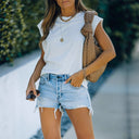 Trendy Women's Distressed Denim Shorts with Fringed Accents