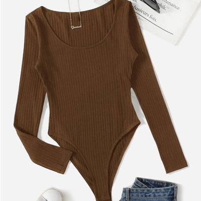 Textured Cotton Long Sleeve Bodysuit for Women