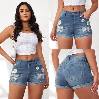 Floral Embroidered Women's Denim Shorts with Trendy Hem