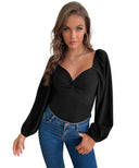 Chic Women's Bodysuit with Knot Accents and Puff Sleeves