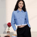 Chic Women's Short Sleeve Blouse with Stylish Patch Pockets