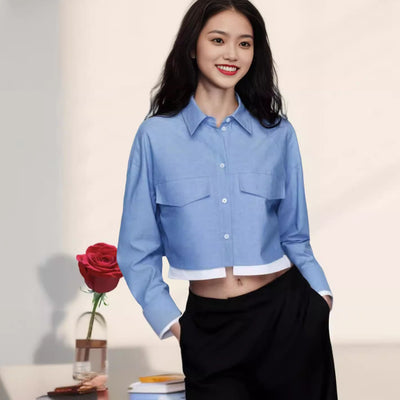 Chic Women's Short Sleeve Blouse with Stylish Patch Pockets