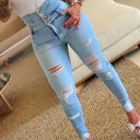 Trendy High-Waist Denim Jeans with Distressed Design