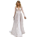 Floral Lace Appliqué Wedding Dress with Deep V-Neck