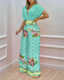 Floral Print Women's Blouse and Wide Leg Pant Set
