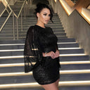 Glamorous Mini Dress with Deep Back and Shimmering Sleeves